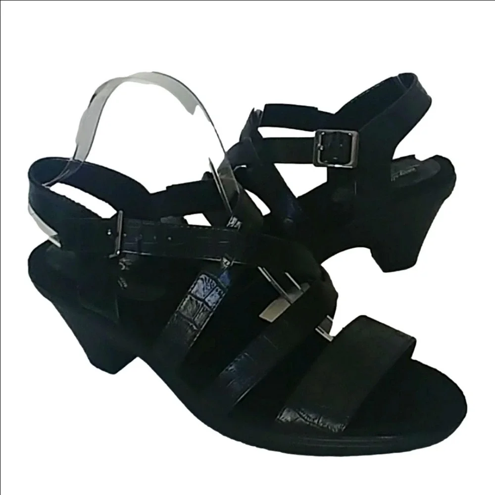Easy Street Strappy Wedge Sandals Womens 9M Black Faux Croc Comfort 30-2441